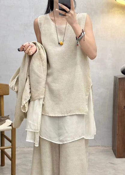 Apricot Side Open Patchwork Cotton Tank O Neck Summer AU1043