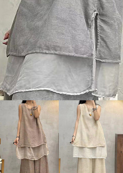 Apricot Side Open Patchwork Cotton Tank O Neck Summer AU1043