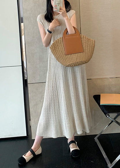 Apricot Solid Cozy Knit Long DressO Neck Sleeveless ZL009