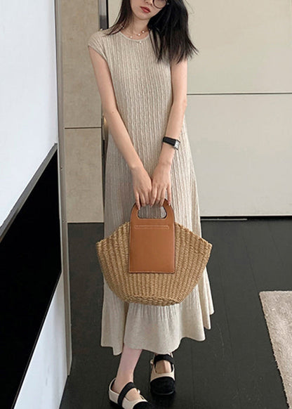 Apricot Solid Cozy Knit Long DressO Neck Sleeveless ZL009