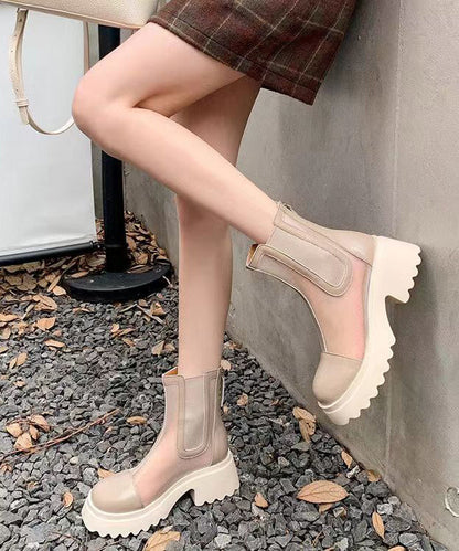 Apricot Stylish Hollow Out Breathable Tulle Splicing Chunky Boots JJ050