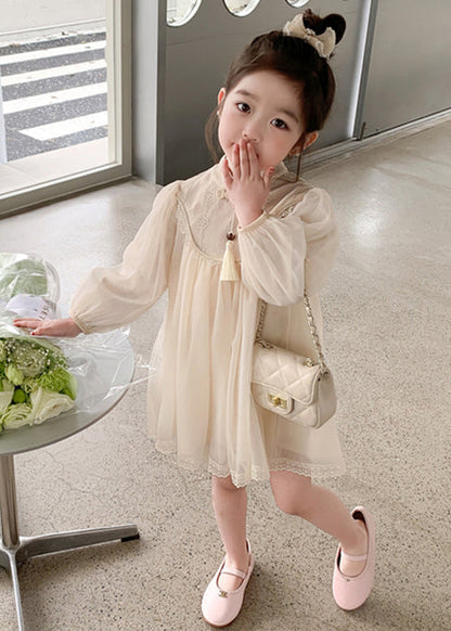 Apricot Tasseled Zippered Tulle Girls Dress Stand Collar Fall XZ058