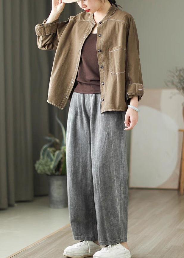 Army Green Cotton Shirt Tops Oversized Spring TM019