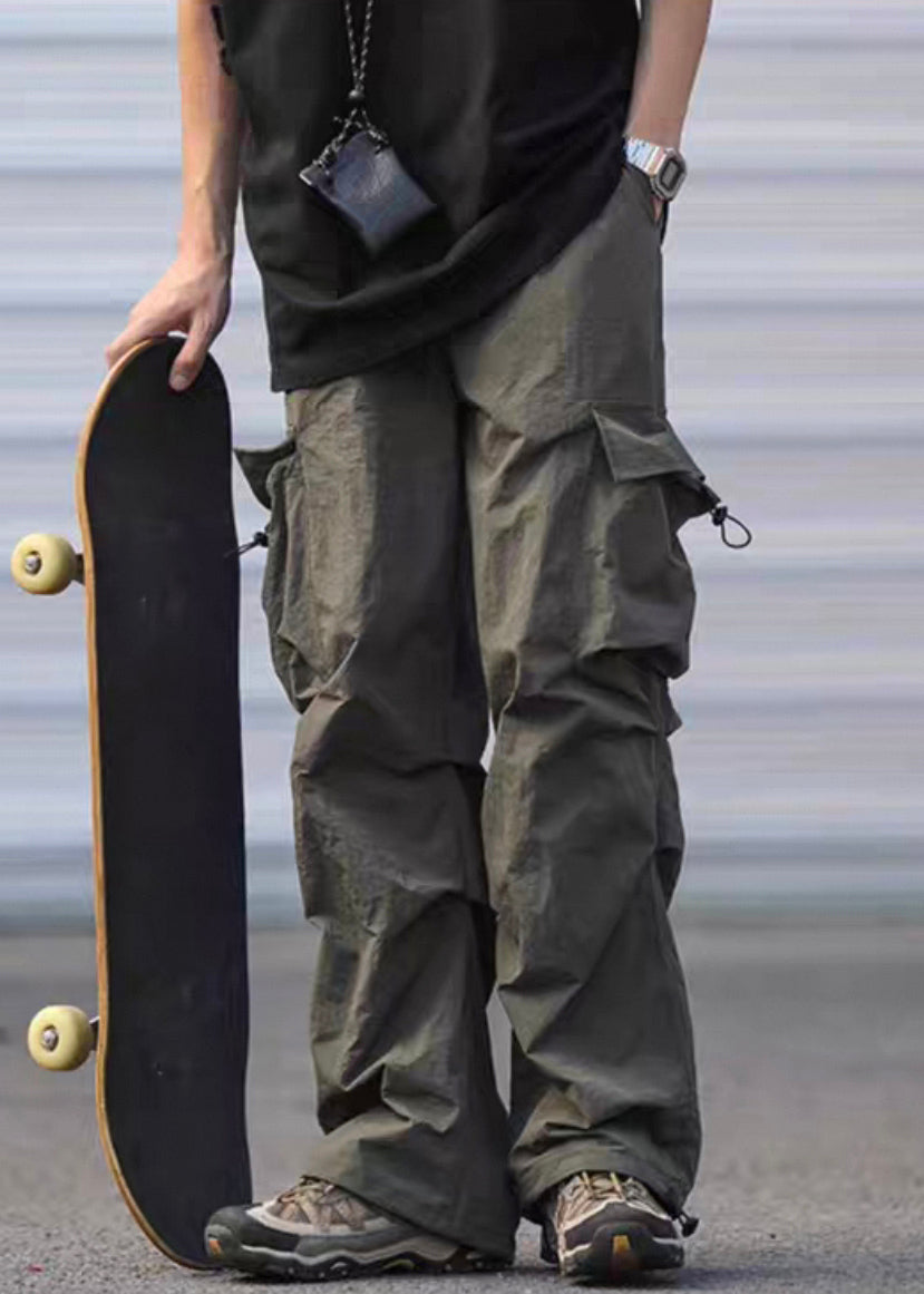 Army Casual Cotton Pants Pockets Drawstring Men Summer Green