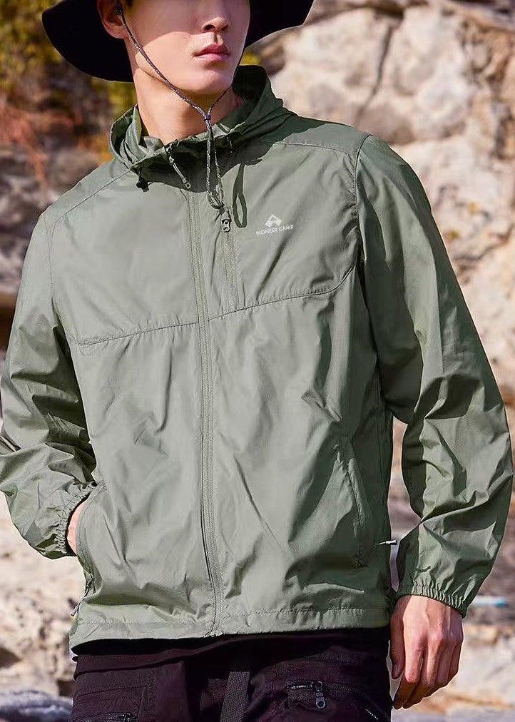 Mens Zippered Army 50+ UPF Pockets Summer Hooded Coat Green