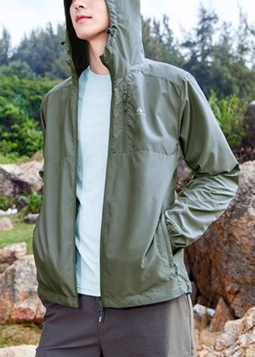 Mens Zippered Army 50+ UPF Pockets Summer Hooded Coat Green