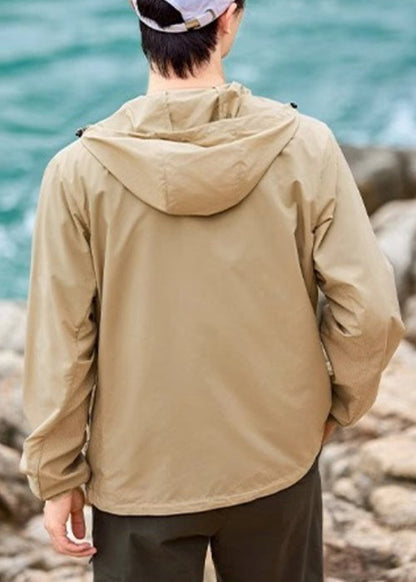 Mens Zippered Army 50+ UPF Pockets Summer Hooded Coat Green