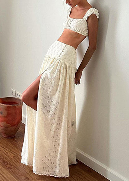 Art Apricot Hollow Out Side Open Cotton Two Pieces Set Summer YZ061