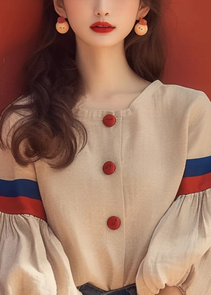 Apricot Patchwork Sleeve Cotton O-Neck Blouse Lantern Art