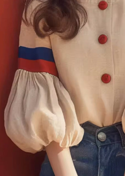 Apricot Patchwork Sleeve Cotton O-Neck Blouse Lantern Art