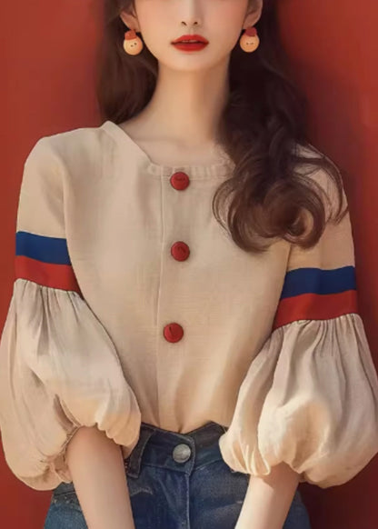 Apricot Patchwork Sleeve Cotton O-Neck Blouse Lantern Art