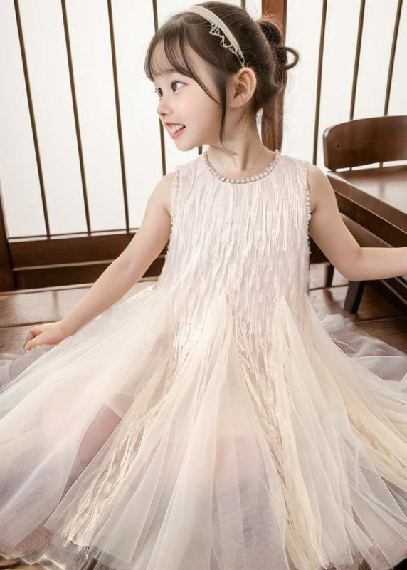 Art Apricot O-Neck Patchwork Tulle Girls Long Dress Sleeveless XZ030