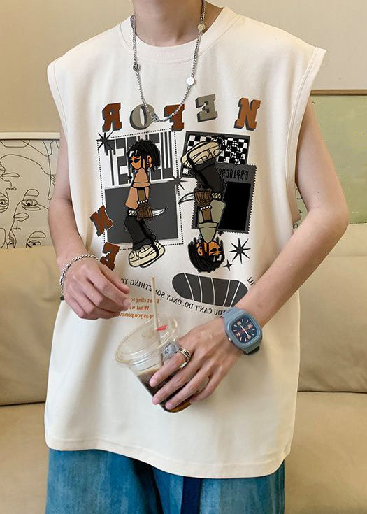 Apricot T Sleeveless Art Cotton Print Men Shirt