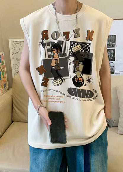 Apricot T Sleeveless Art Cotton Print Men Shirt