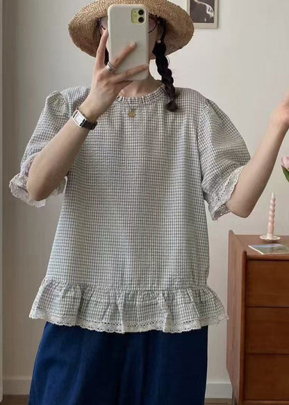 Art Shirt Summer Cotton Plaid Ruffles Apricot