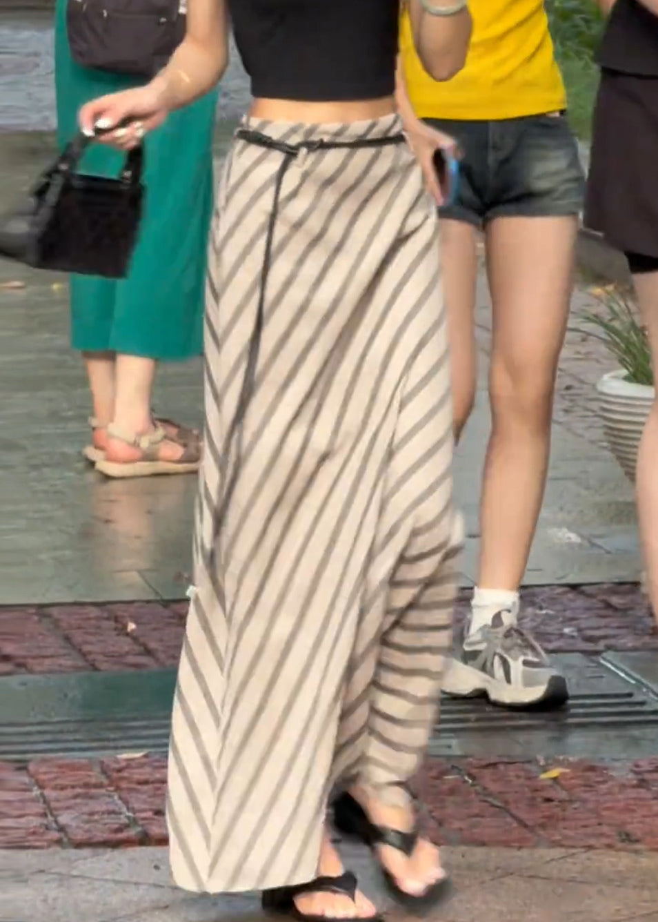 Apricot Cotton Skirts Waist Art Striped High Summer