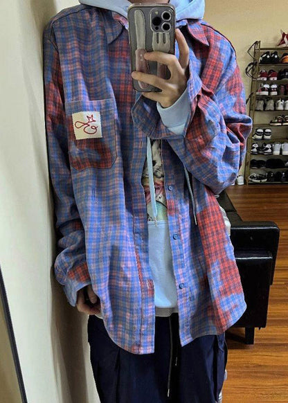 Men Spring Shirts Pockets Art Cotton Plaid Asymmetrical