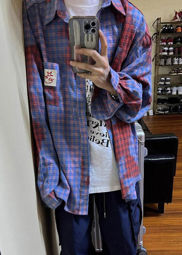 Men Spring Shirts Pockets Art Cotton Plaid Asymmetrical