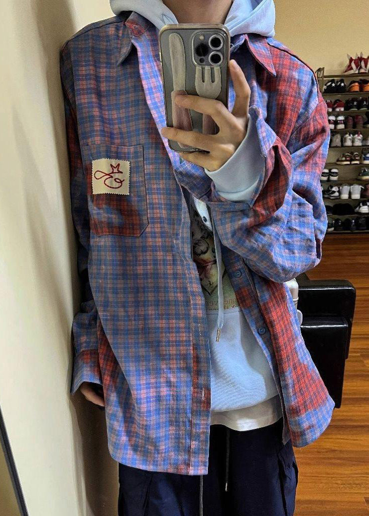 Men Spring Shirts Pockets Art Cotton Plaid Asymmetrical