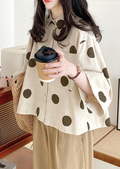 Art Beige Dot Pockets Patchwork Cotton Shirt Bracelet Sleeve RE034