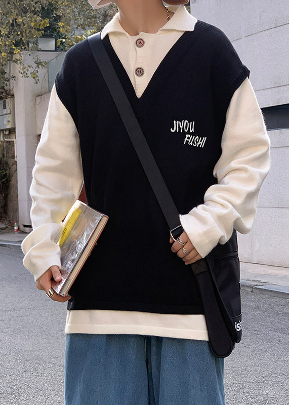 Embroideried Knit Men Art Patchwork Cozy Sweater Spring Beige