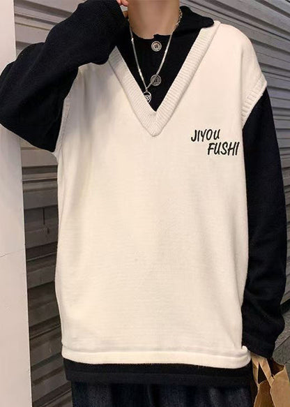 Embroideried Knit Men Art Patchwork Cozy Sweater Spring Beige