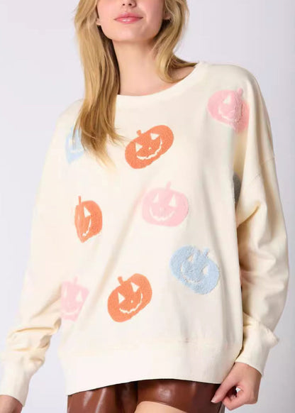 Art Beige O Neck Cartoon Cotton Streetwear Long Sleeve AE1036