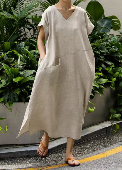 Patchwork Summer Linen Art Oversized Dresses Holiday Beige