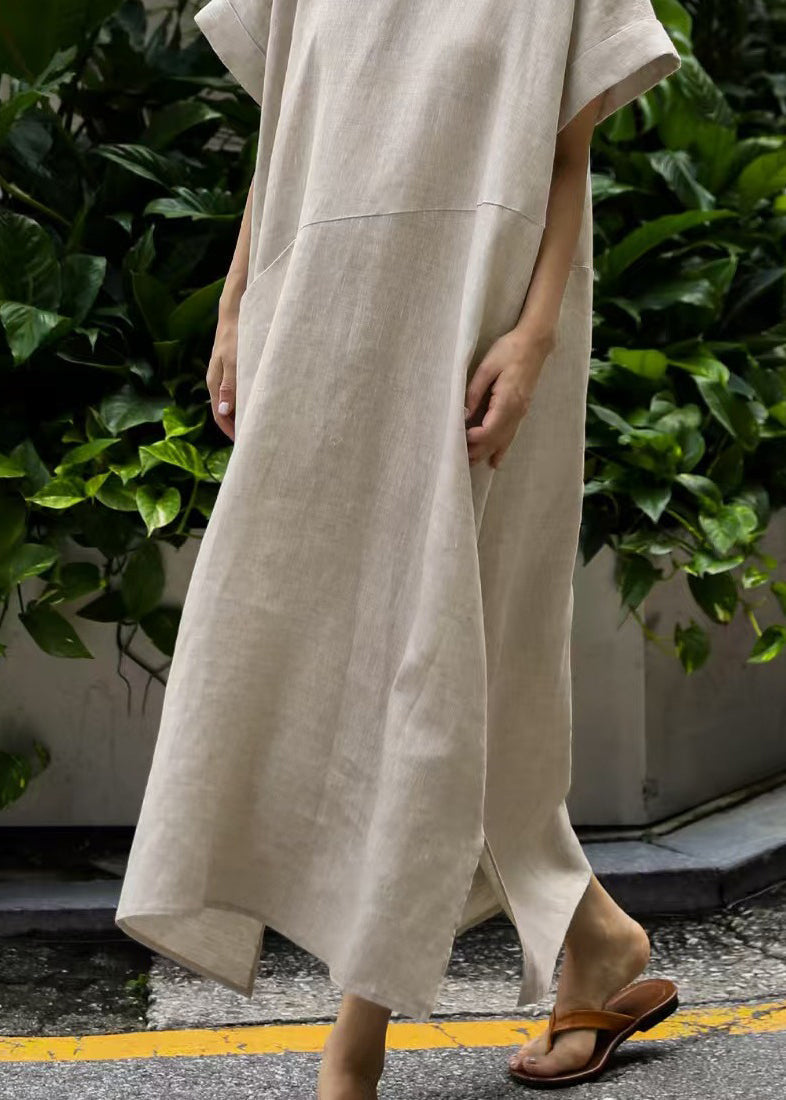 Patchwork Summer Linen Art Oversized Dresses Holiday Beige