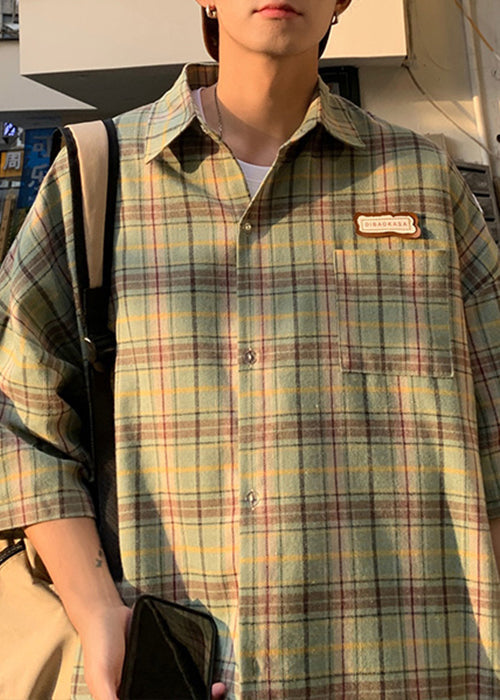 Plaid Summer Beige Art Shirt Button Men Cotton