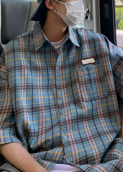 Plaid Summer Beige Art Shirt Button Men Cotton