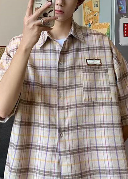 Plaid Summer Beige Art Shirt Button Men Cotton