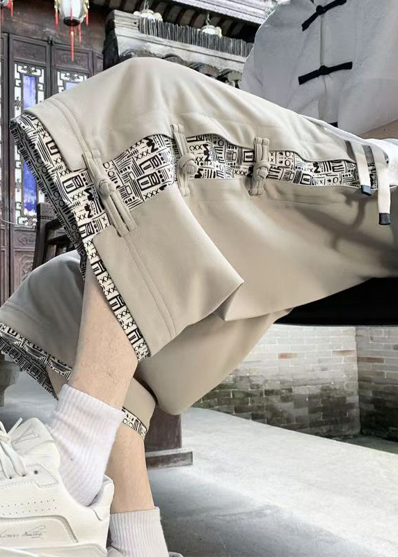 Patchwork Pants Cotton Crop Summer Beige Print Button Art Men