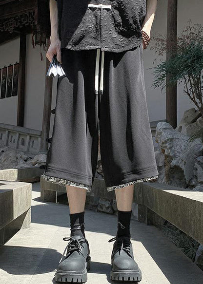 Patchwork Pants Cotton Crop Summer Beige Print Button Art Men