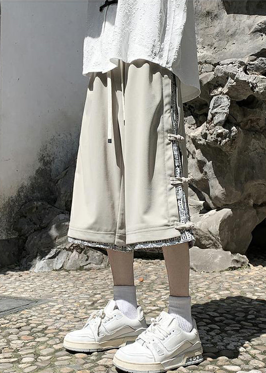 Patchwork Pants Cotton Crop Summer Beige Print Button Art Men