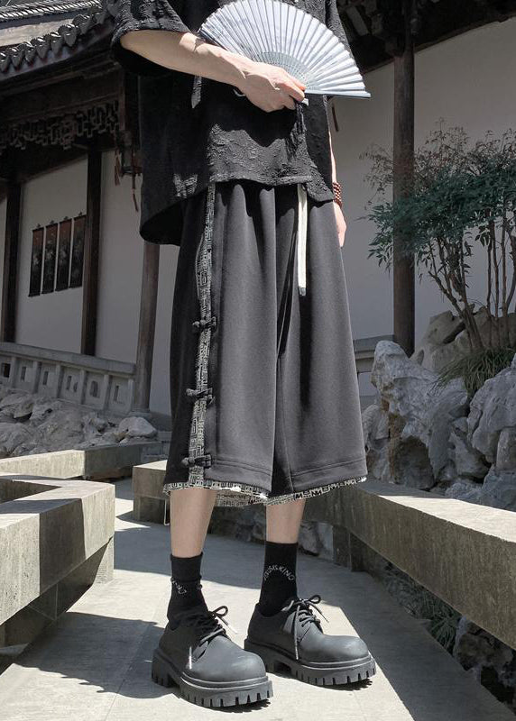 Patchwork Pants Cotton Crop Summer Beige Print Button Art Men