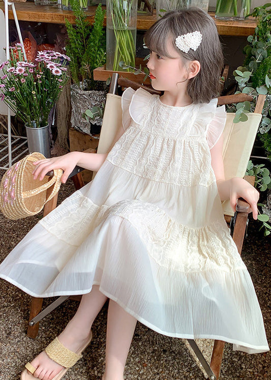 Art Beige Ruffled Hollow Out Cotton Girls Long Dress Summer EW050