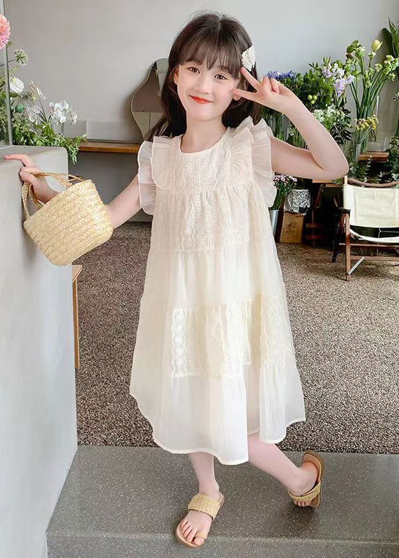 Art Beige Ruffled Hollow Out Cotton Girls Long Dress Summer EW050