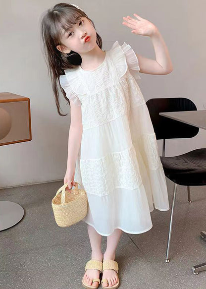 Art Beige Ruffled Hollow Out Cotton Girls Long Dress Summer EW050