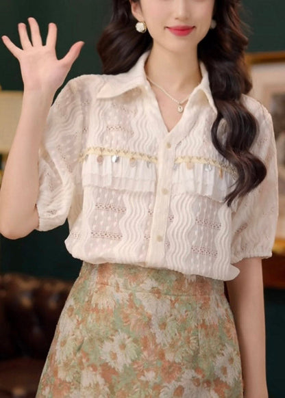 Hollow Lace Summer Beige Cotton Blouses Art Out Sequins