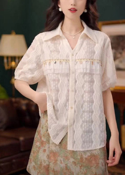Hollow Lace Summer Beige Cotton Blouses Art Out Sequins
