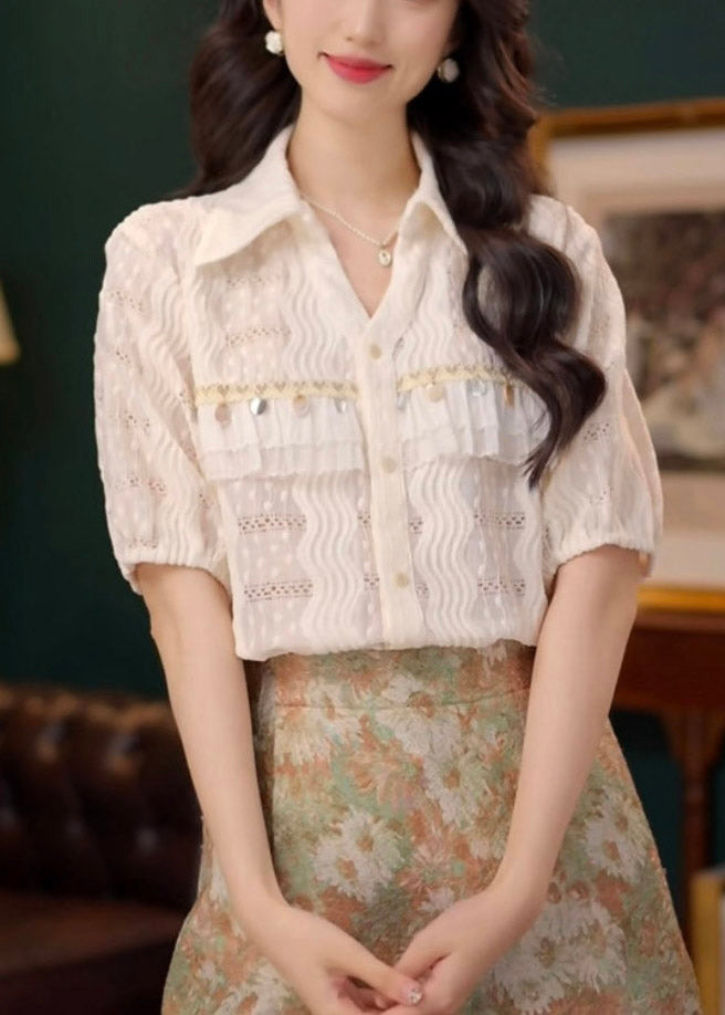 Hollow Lace Summer Beige Cotton Blouses Art Out Sequins