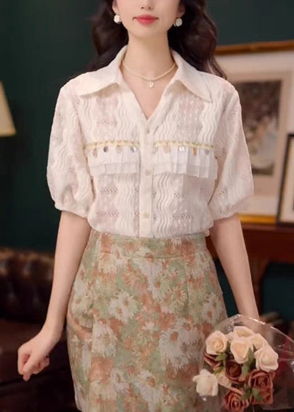 Hollow Lace Summer Beige Cotton Blouses Art Out Sequins