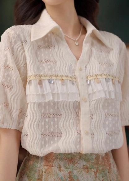 Hollow Lace Summer Beige Cotton Blouses Art Out Sequins
