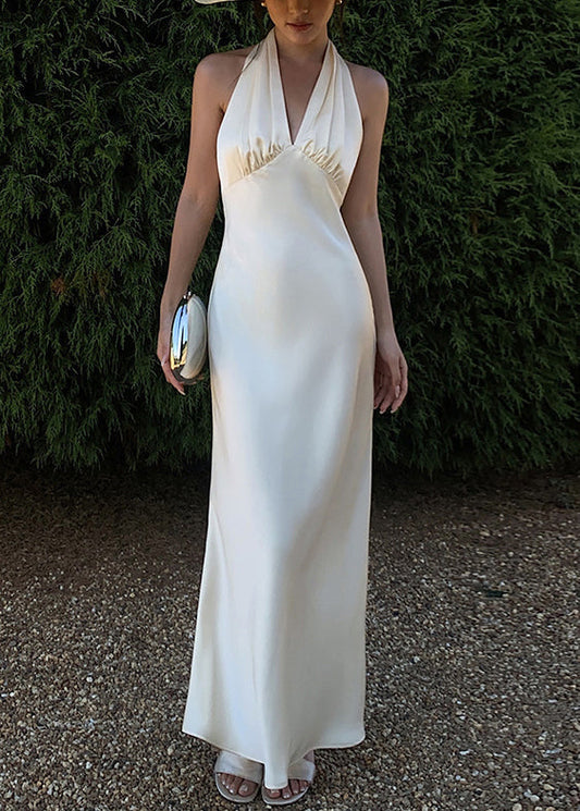 Backless Beige Neck Long Solid Sleeveless Dresses Art V Silk