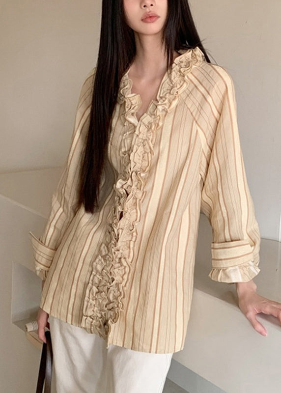 Art Beige V Neck Ruffled Striped Patchwork Shirts Spring RF030