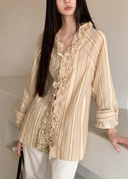 Art Beige V Neck Ruffled Striped Patchwork Shirts Spring RF030