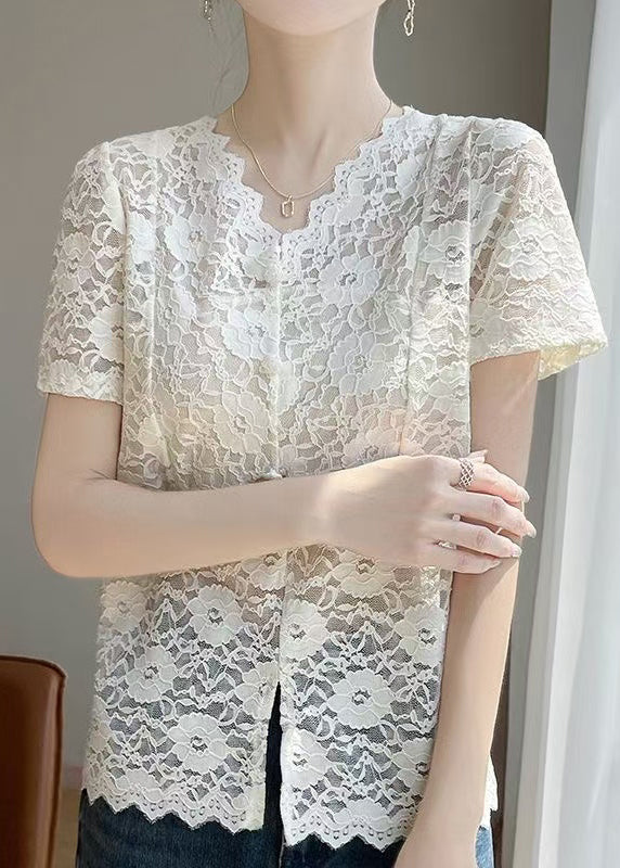 Lace Side Art Summer Shirts V Neck Beige Open