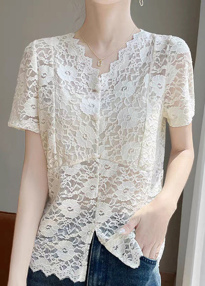 Lace Side Art Summer Shirts V Neck Beige Open