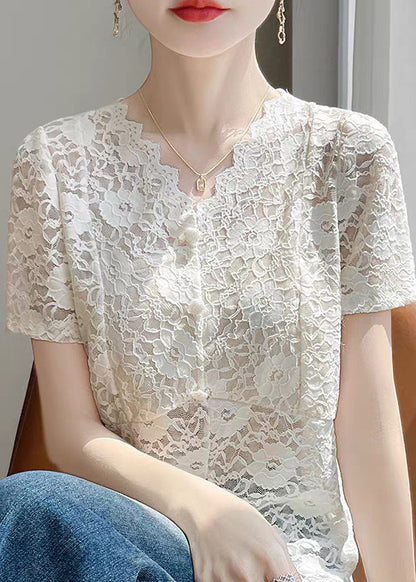 Lace Side Art Summer Shirts V Neck Beige Open